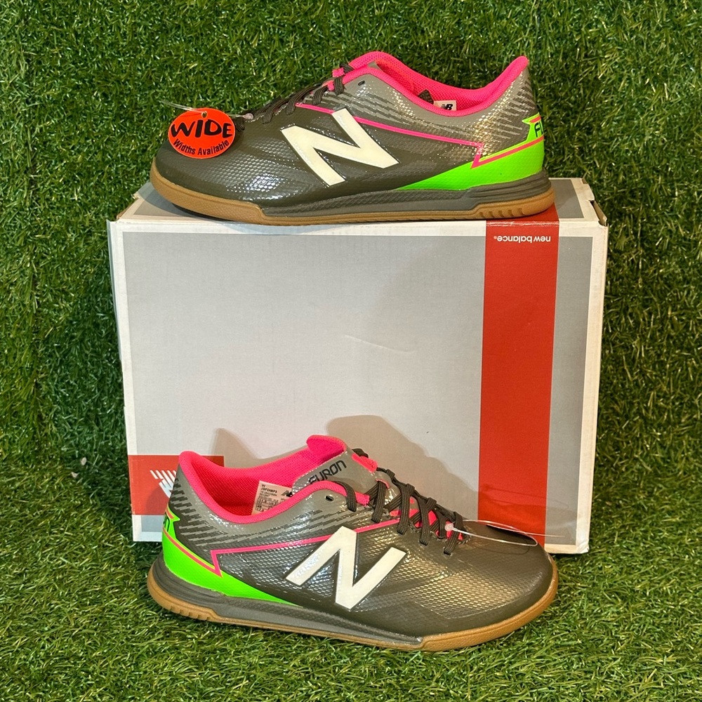 NEW BALANCE FURON INDOOR SOCCER SHOES WIDE, SIZE 11.5 KIDS , GREY/ PINK/ GREEN/W